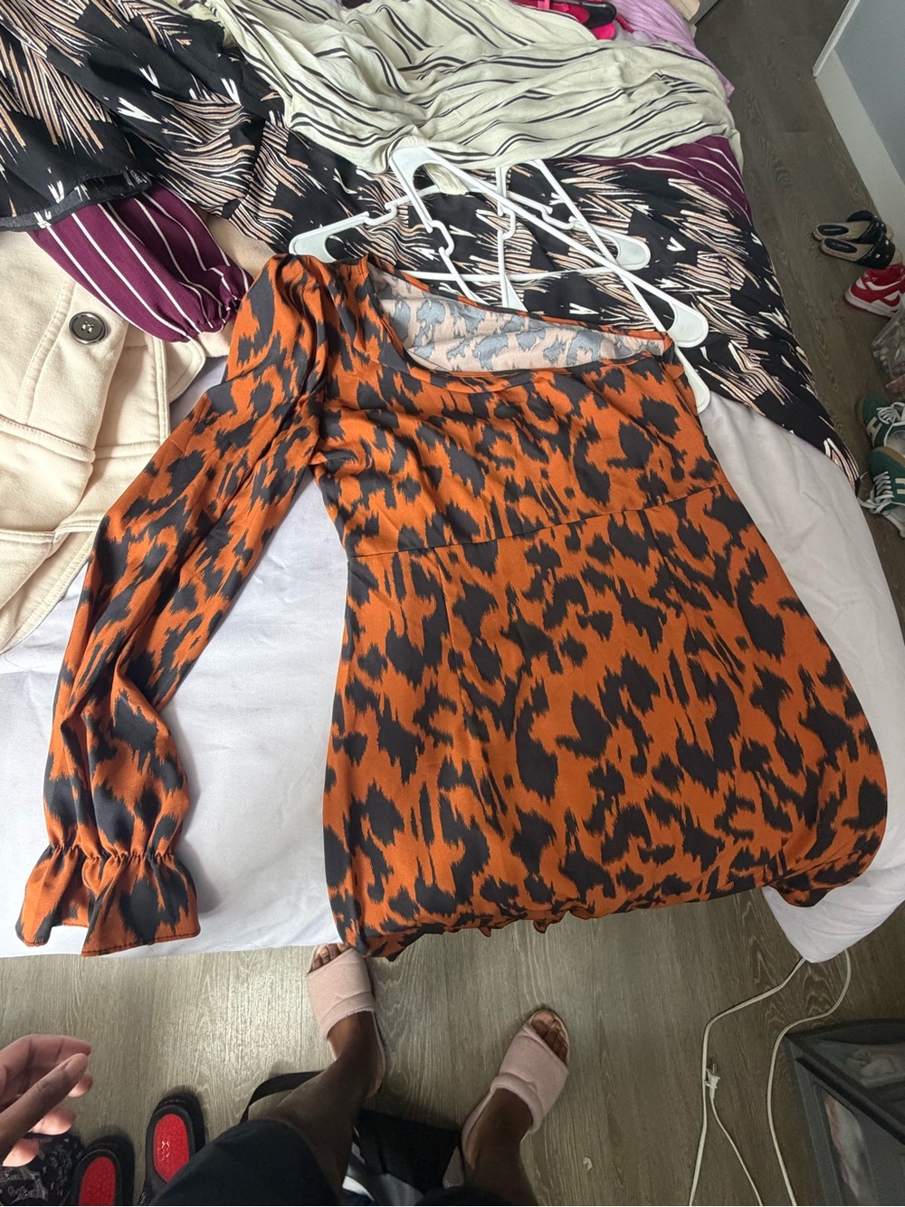 SHEIN Orange and Black One-Shoulder Animal Print Blouse